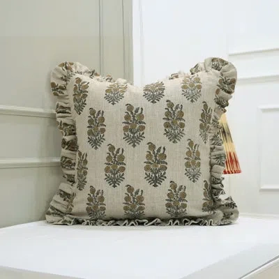 Fabdivine Double Side Pillow Cover, Home Decorative, Frill Linen Cushioncase, Green