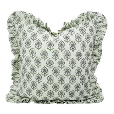 Fabdivine Double-sided Frill Cushion Cover Artisan Handmade Linen Throw Pillow With Elegant Print- Gurukul In Gray