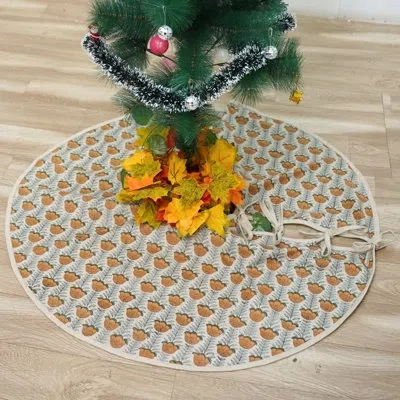 Fabdivine Eco-friendly Linen Christmas Tree Skirt Handmade Block Print Fabric, Perfect For Minimalist, Farmhou In Brown-grey