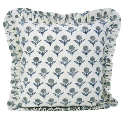 Fabdivine Elegant Thick Linen Frill Pillowcase Cushion Cover, Throw Frill, Block Print, (genda Pushp, Blue)