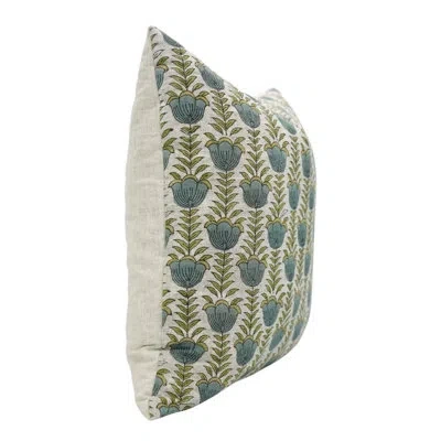 Fabdivine Floral Home Decor Cushion Cover, Block Print Design, Lotus In Sea Green