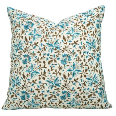 Fabdivine Floral Linen Indoor/outdoor Pillow Cover In Blue