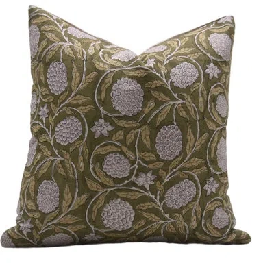 Fabdivine Floral Linen Indoor/outdoor Pillow Cover In Green