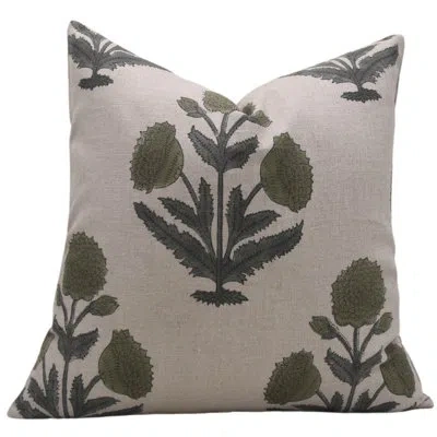 Fabdivine Floral Linen Indoor/outdoor Pillow Cover In Green