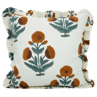 Fabdivine Frill Double Side Hidden Zipper Block Print, Mustard Linen Pillow Cover Badsha