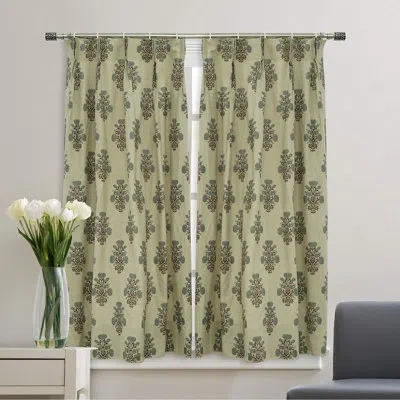 Fabdivine Gray Floral Block Print Handcrafted Plated Linen Curtain Uses For Door, Window Swadesh