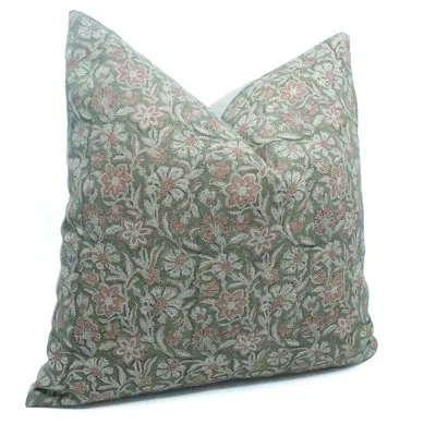 Fabdivine Green Decorative Block Print Linen Throw Pillow Cover Boho, Floral Pillows For Home Décor- Jarul In Gray