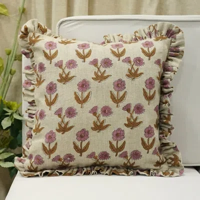 Fabdivine Hand Block Print Double Side Floral Linen Fabric Frill Pillow Cover For Home Décor In Brown;pink