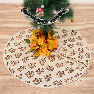 Fabdivine Hand Block Printed 24-inch Linen Tree Skirt Natural, Eco-friendly Holiday Décor For Farmhouse And Mi In Brown