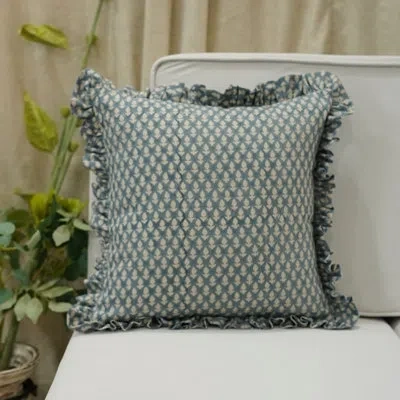Fabdivine Hand Floral Block Print Linen Double Side Frill, Blue Gray Pillow Cover In Blue;gray