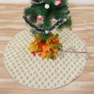 Fabdivine Handcrafted 24-inch Block Printed Linen Tree Skirt Natural, Heavyweight Fabric For Rustic, Farmhouse In Green