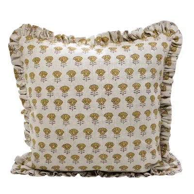 Fabdivine Handcrafted Double-sided Frill Pillow Cover Linen Decorative Cushion For Sofa & Bed- Kohinoor In Mustard