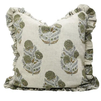 Fabdivine Handcrafted Frill Coloured Linen Cushion Cover Traditional Indian Block Print Decorative Throw Pillo In Green