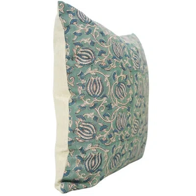 Fabdivine Handmade Block Print Decorative Linen Blue Pillow Cover, 6 Kamal In Blue;green