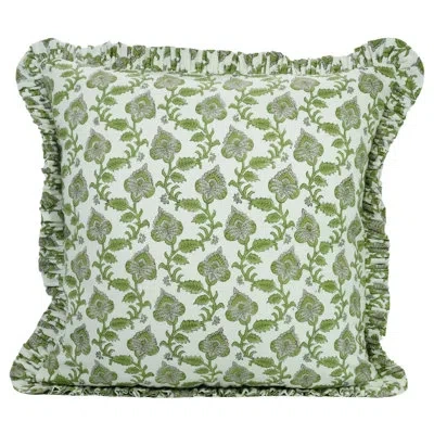 Fabdivine Handmade Block Print Floral Ruffled Cushion Cover, Thick Cotton White In White;green;gray