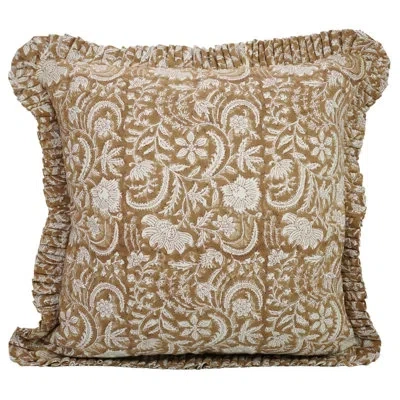 Fabdivine Handmade Floral Cotton Block Print Frill Pillow Cover, Throw Decor, Brown