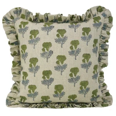 Fabdivine Handmade Floral Double Side Block Print, Green Frill Pillow Cover, Manmohan