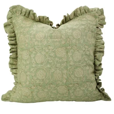 Fabdivine Handmade Frill Cushion Cover Double-sided Block Print Linen Decorative Pillow- 6kamal In Green