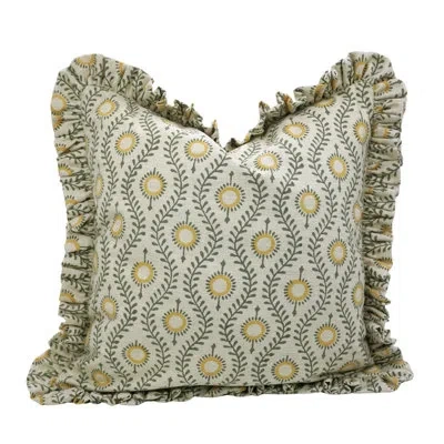 Fabdivine Handmade Frill Cushion Cover Double-sided Block Print Linen Pillow For Sofa & Bed- Lehar In Green Yallow
