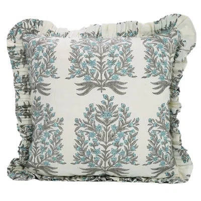 Fabdivine Handmade Hidden Zipper Frill Pillow Cover, Cotton Fabric, Blue And Grey In Blue;gray