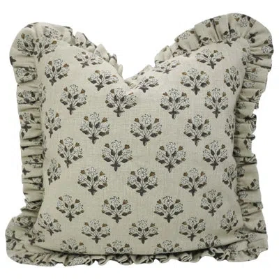 Fabdivine Handmade Linen Frill Cushion Cover Double-sided Block Print Pillow For Sofa Or Bedroom- Diwali Flowe In Brown