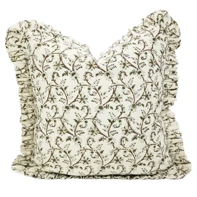 Fabdivine Handmade Linen Frill Cushion Cover Elegant Double-sided Block Print Pillow For Living Room- Varansi In Green