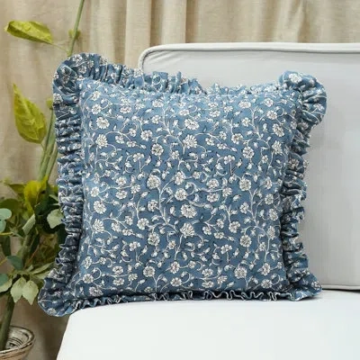 Fabdivine Home Décor Block Print Frill Pillow Cover, Cotton, Blue, Himachal