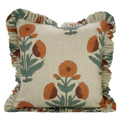 Fabdivine Linen Ruffled/ Frill Pillow Cover, Perfect For Bed, Living Room, Brunt Orange In Green;orange