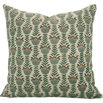 Fabdivine Lotus Decorative Floral Block Printed Pillow Cover In Green