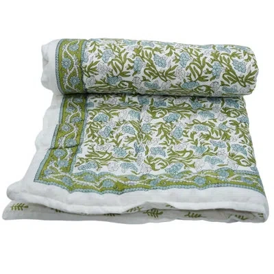 Fabdivine Luxury Block Printed Quilt – Hand Stitched -thorny Stems In Green