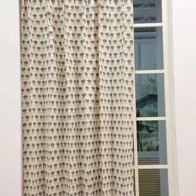 Fabdivine Mustard Block Print Linen Curtain Sapt Patti Design  Light Filtering Handmade Pinch Pleated Drapes In Green