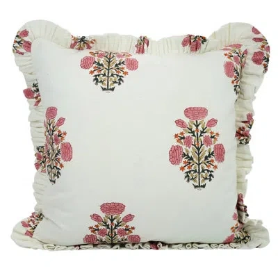 Fabdivine Pink Cotton Fabric Bohemian, Frill Handmade Block Print, Cushion Cover In Green;pink