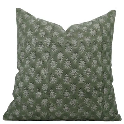 Fabdivine Plush Chic Linen Cushion Cover, Handmade Block Print In Green