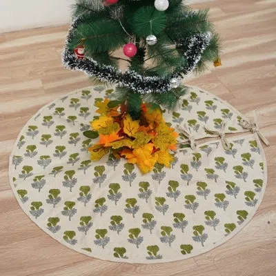Fabdivine Premium 24-inch Thick Linen Tree Skirt With Traditional Block Print Artwork Handcrafted Christmas Dé In Green