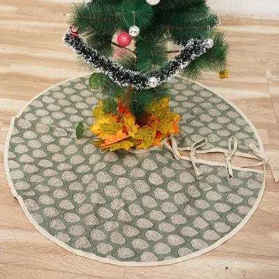Fabdivine Premium 24-inch Thick Linen Tree Skirt With Traditional Block Print Artwork Handcrafted Christmas Dé In Sea Green