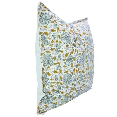Fabdivine Premium Block Print Cotton Floral Pillow Cover Double Oxford Border Detailing- Karwacauth In Light Blue-yellow