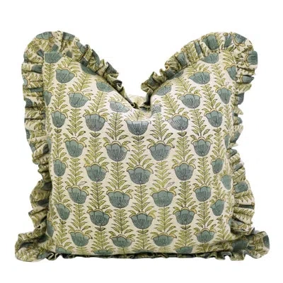 Fabdivine Reversible Handmade Frill Cushion Cover Block Print Linen Decorative Throw Pillow For Home- Lotus In Gray;light Green