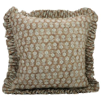 Fabdivine Ruffled Both Side Floral Print Cushion Cover, Brown, Tuisi Buti