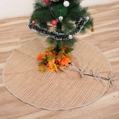 Fabdivine Rustic 24-inch Diameter Handmade Tree Skirt Natural Linen With Intricate Hand Block Printed Design F In Orange