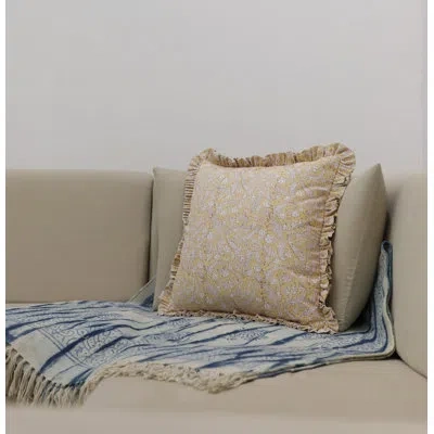 Fabdivine Rustic Linen Cushion Cover Handmade Block Printed Decorative Throw Pillow For Sofa & Bed In Yellow