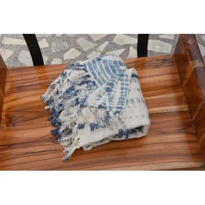 Fabdivine Rustic Mud Print Throw Blanket By  Handmade Cotton, Cozy Living Room Accent In White-blue