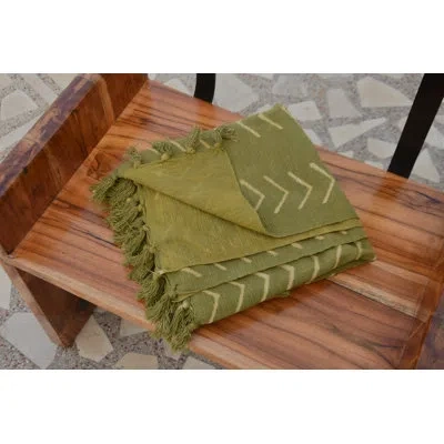 Fabdivine Rustic Mud Print Throw Handmade Cotton Blanket With Raw, Textured Look In Olive Green