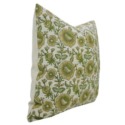 Fabdivine Soft Linen Handmade Cushion Cover – Indian Block Print Pillow, Sunflower, Green