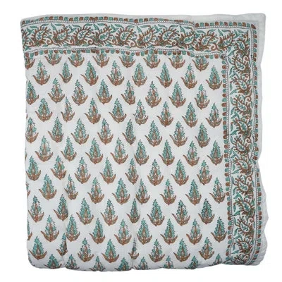 Fabdivine Vintage Block Print Quilt – Bohemian Bedroom Décor, Kanak Buti In Green;light Blue