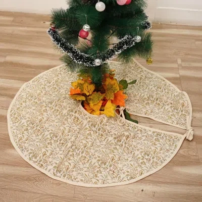 Fabdivine Vintage Handmade Block Print Duck Canvas 24 Inch Drawstring Christmas Tree Skirt Farmhouse Style Hol In Light Green-brown