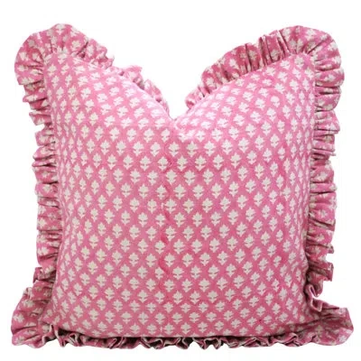 Fabdivine Vintage Handmade Frill Cushion Cover Linen Block Print Throw Pillow For Stylish Home- Pink City