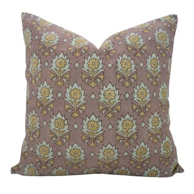 Fabdivine Vintage Handmade Ligte Brown Flower Print Throw Pillow Cover- Kusum In Light Browne