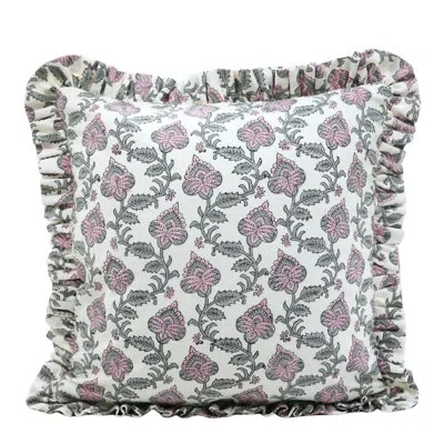 Fabdivine Vintage Style Ruffled Cushion Cover Artisan Block Print Linen Pillow For Rustic Home Interiors- Madh In Gray;pink