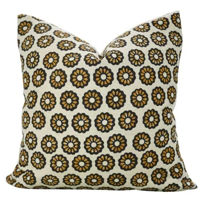 Fabdivine Vintage-inspired Floral Block Print Cushion Cover For Couch, Bulbul, Mustard