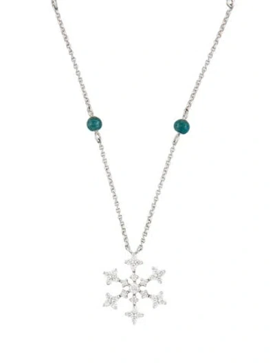 Pre-owned Fabergé 18k Diamond & Enamel Snowflake Pendant Necklace, 17" In Blue